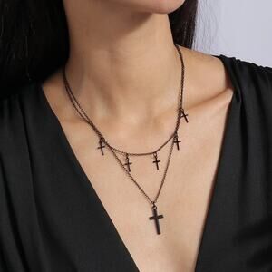 Cross‎ Black Layered Tiered Necklace Pendant Choker Boho Goth Chic Minimalist